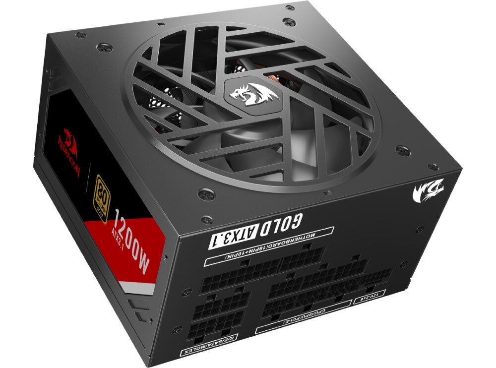 Zasilacz REDRAGON Master GC-MS05 Czarny zasilacz z dużym wentylatorem w górnej części, widoczna kratka w kształcie geometrycznych linii oraz naklejka z oznaczeniem '1000W', 'ATX 3.1' i '80 Plus Gold', opis