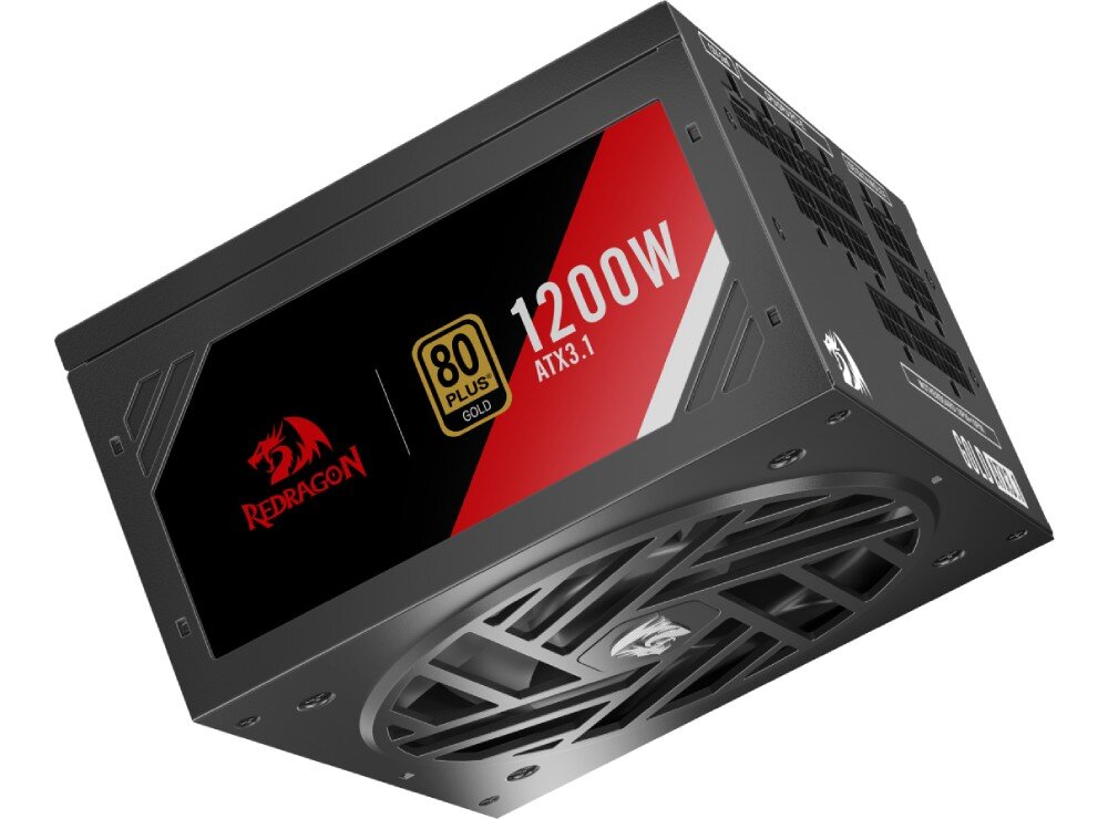 Zasilacz REDRAGON Master GC-MS05 Widok zasilacza od boku z czerwoną i czarną naklejką z logo smoka, napisem '1000W', 'ATX 3.1' i oznaczeniem '80 Plus Gold', widoczna część wentylatora i modularne gniazda kabli, moc, standard, modularne okablowanie
