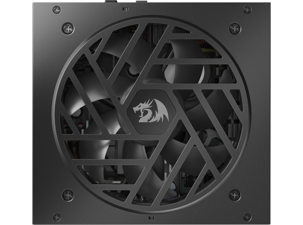 Zasilacz REDRAGON Master GC-MS05 Górny widok na zasilacz z dużym wentylatorem i logo smoka w środku, otoczony czarną kratką o nieregularnym wzorze, wentylator, łożysko FDB