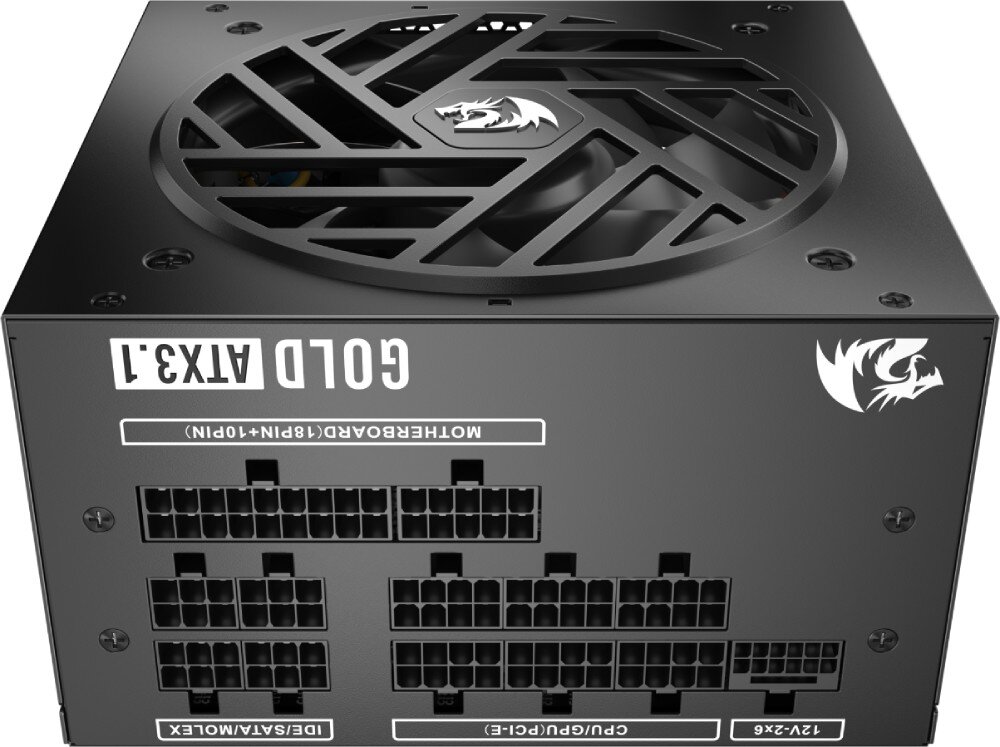 Zasilacz REDRAGON Master GC-MS05 Tylny panel zasilacza z szeregiem modularnych gniazd na przewody opisanych, nad nimi wentylator z charakterystyczną osłoną i logo smoka, porty, złącza