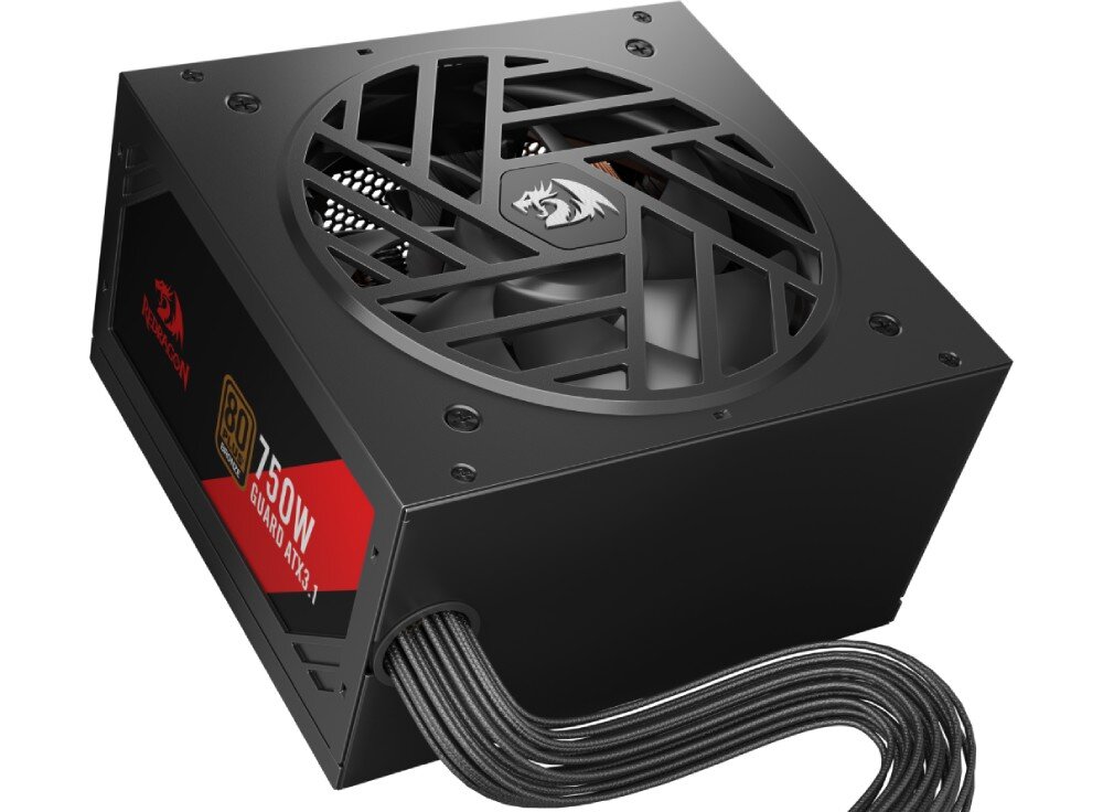 Zasilacz REDRAGON Guard GC-GU03P Zbliżenie na czarny zasilacz komputerowy z widocznym wentylatorem 120 mm osłoniętym kratką z logo smoka oraz wychodzącym z obudowy oplecionym przewodem, opis