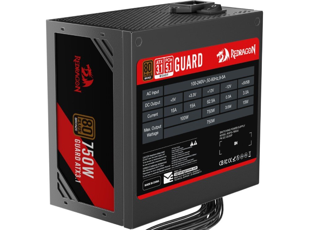 Zasilacz REDRAGON Guard GC-GU03P Bok zasilacza ustawionego pionowo z widocznymi oznaczeniami mocy 750 W, certyfikatem 80 Plus Bronze, logiem producenta oraz tabelą parametrów elektrycznych, moc, standard, złącze PCI-E