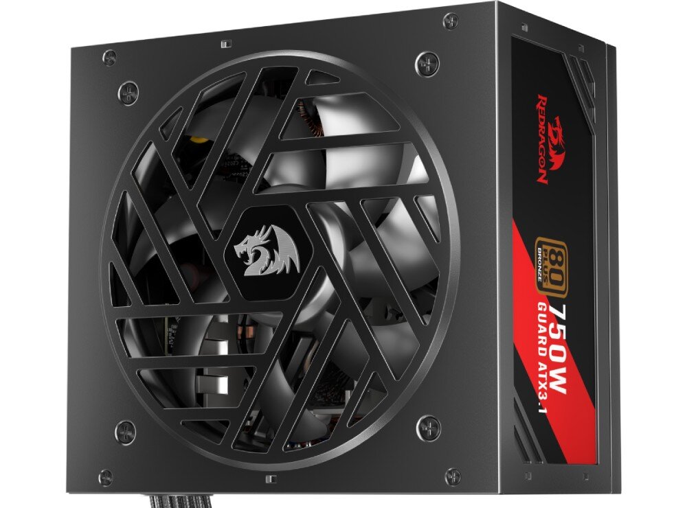 Zasilacz REDRAGON Guard GC-GU03P Widok z góry na zasilacz z dużym wentylatorem i kratką z geometrycznym wzorem oraz logo smoka, z boku widoczna naklejka z oznaczeniem 750 W i certyfikatem 80 Plus Bronze, certyfikat, układ PFC, ochrona podzespołów