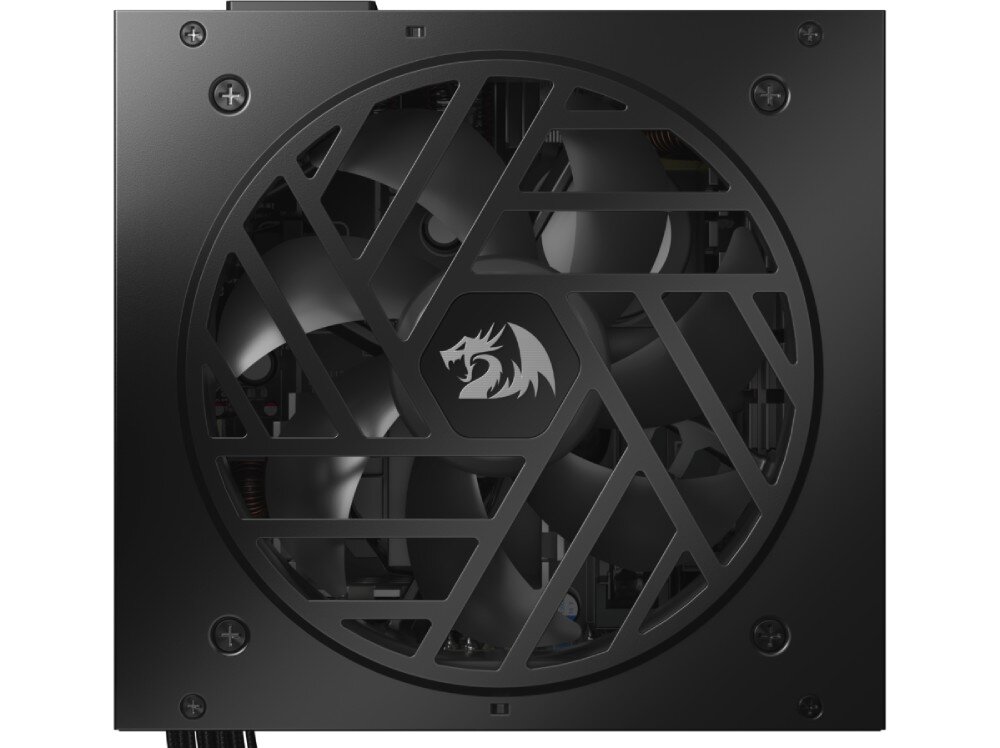 Zasilacz REDRAGON Guard GC-GU03P Centralny kadr przedstawiający wentylator zasilacza z kratką ochronną i logiem smoka w środku, wentylator, chłodzenie, okablowanie