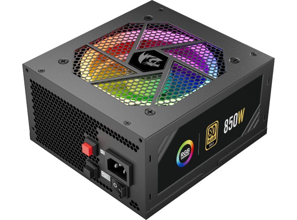 Zasilacz REDRAGON GC-PS007-1-V2 850W 80 Plus Gold Czarny zasilacz komputerowy z widocznym wentylatorem podświetlanym w kolorach tęczy oraz oznaczeniem '850W' i '80 Plus Gold' na boku, opis