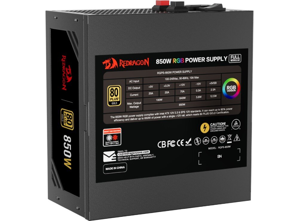 Zasilacz REDRAGON GC-PS007-1-V2 850W 80 Plus Gold Zasilacz komputerowy stojący pionowo z etykietą techniczną zawierającą parametry napięć, oznaczenie '850W RGB Power Supply' i logotyp producenta, moc, standard, certyfikat, sprawność