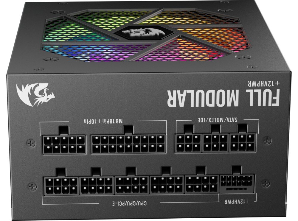 Zasilacz REDRAGON GC-PS007-1-V2 850W 80 Plus Gold Widok z góry na tylną część zasilacza z gniazdami modularnymi opisanymi jako 'FULL MODULAR' i widocznym podświetlanym wentylatorem, przewody, modularne okablowanie