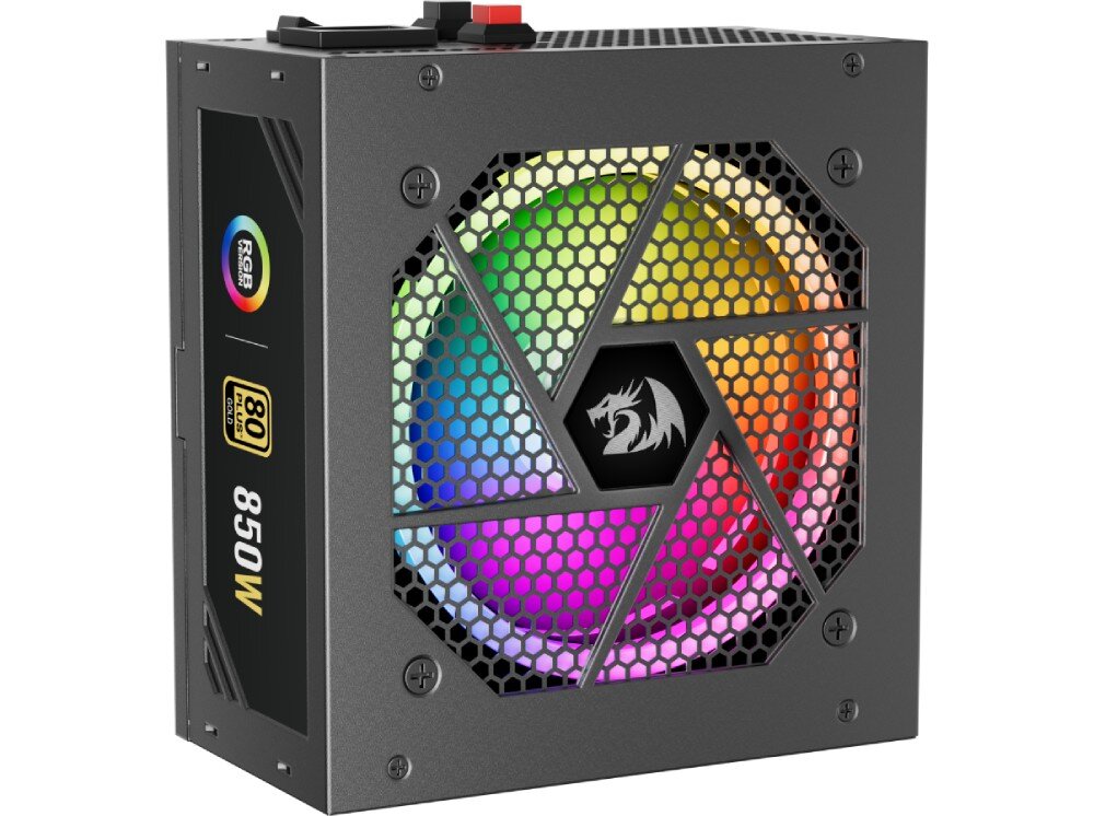 Zasilacz REDRAGON GC-PS007-1-V2 850W 80 Plus Gold Zasilacz komputerowy ustawiony pionowo z dużym podświetlanym wentylatorem RGB widocznym przez sześciokątną siatkę oraz oznaczeniem '850W' na boku, obudowa, wymiary, wentylator, podświetlenie