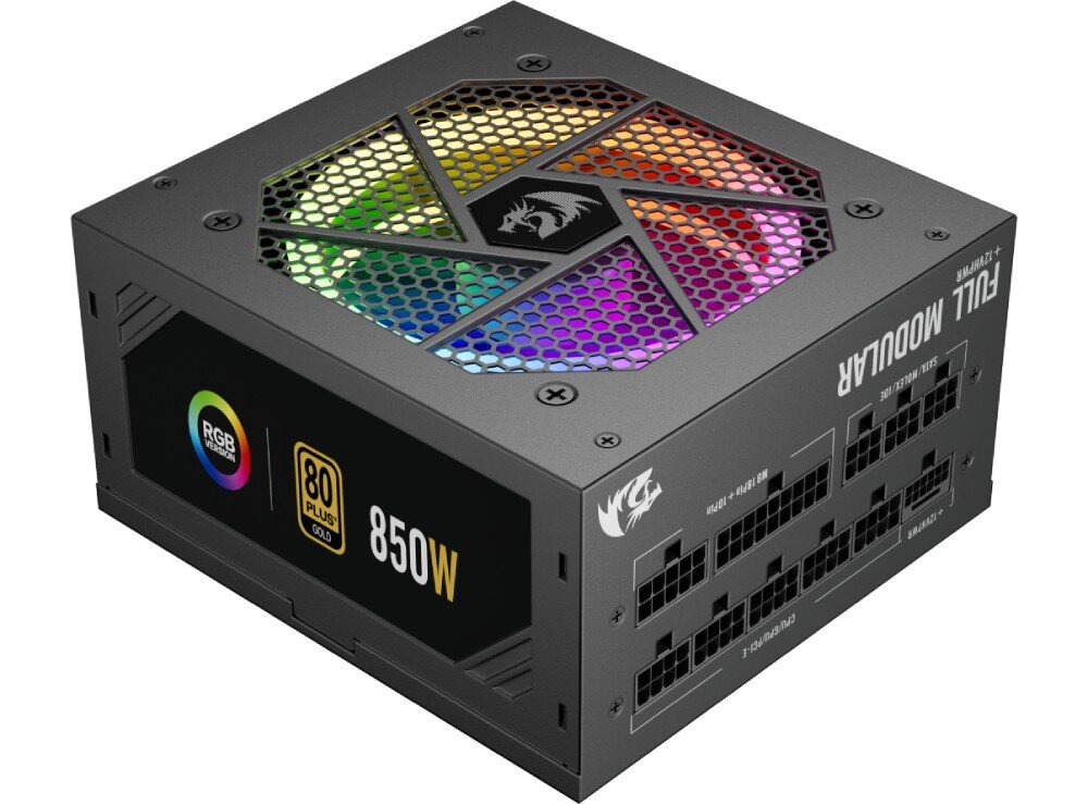 Zasilacz REDRAGON GC-PS007-1-V2 850W 80 Plus Gold Czarny zasilacz komputerowy ułożony poziomo z widocznym zestawem gniazd modularnych i podświetlanym wentylatorem RGB, konstrukcja, PFC, działanie