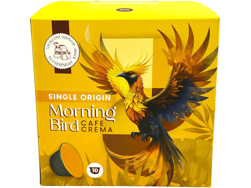 Kapsułki MORNING BIRD Cafe Crema 10 szt. opakowanie z napisami single origin morning bird cafe crema