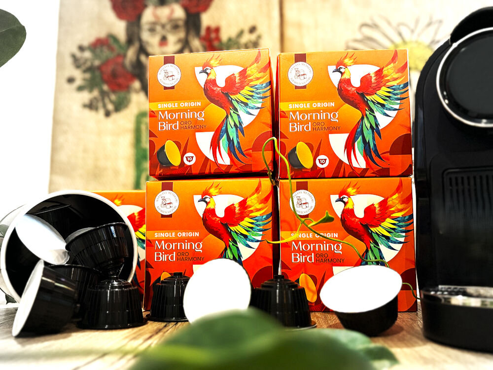 Kapsułki MORNING BIRD Oro Harmony 10 szt. w żółtym opakowaniu obok filiżanka z kawą i kilka kapsułek z kawą