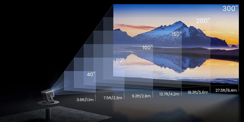 Projektor laserowy DANGBEI Mars Pro S2 DBOX02 4K UHD DLP HDR10 HDR10+ HLG format 16:9, projektor stojący na stoliku wyświetlający obraz na ścianie