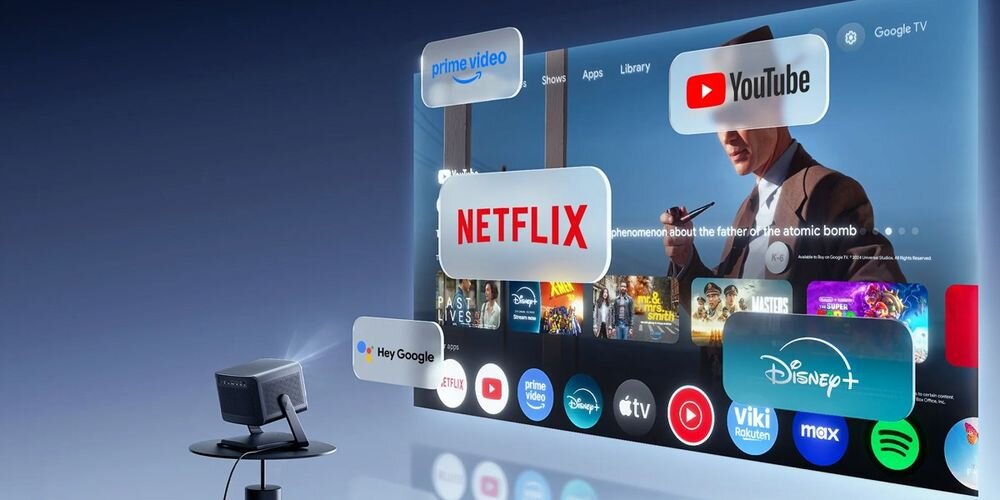 Projektor laserowy DANGBEI Mars Pro S2 DBOX02 Google TV Chromecast MEMC autofokus 32 GB, projektor stojący na sotliku wyświetlający obraz Google TV