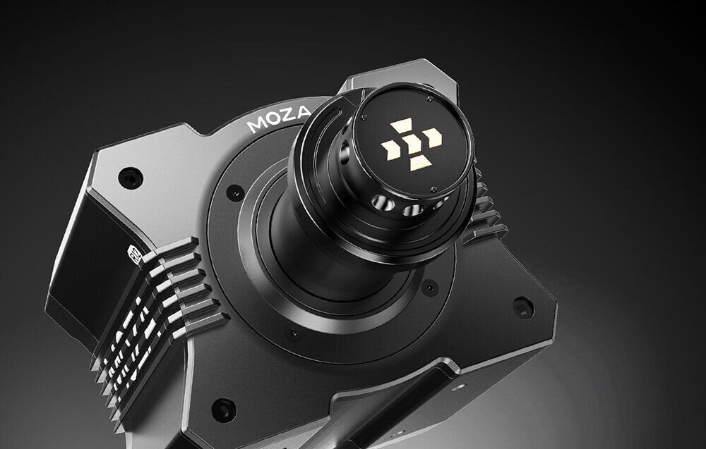 Baza kierownicy MOZA Racing R12 V2 RS081 baza na ciemnym tle pod kątem magnesy neodymowe konstrukcja silnika procesor taktowanie szybka reakcja układu Force Feedback