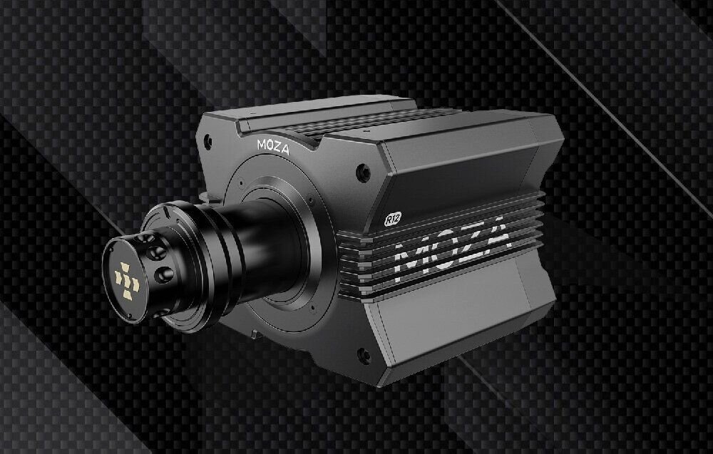 Baza kierownicy MOZA Racing R12 V2 RS081 baza na ciemnym tle frezowane aluminium lotnicze czterootworowy uchwyt system bezpieczeństwa ogranicza drgania trwałość