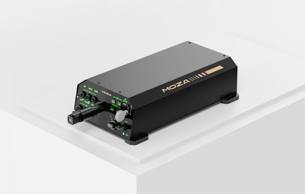 Baza na joystick yoke MOZA Racing AY210 (PC) Czarna baza na jostick z żółtym napisem MOZA i zielonymi elementami baza yoke, symulacja lotu, konstrukcja stalowa