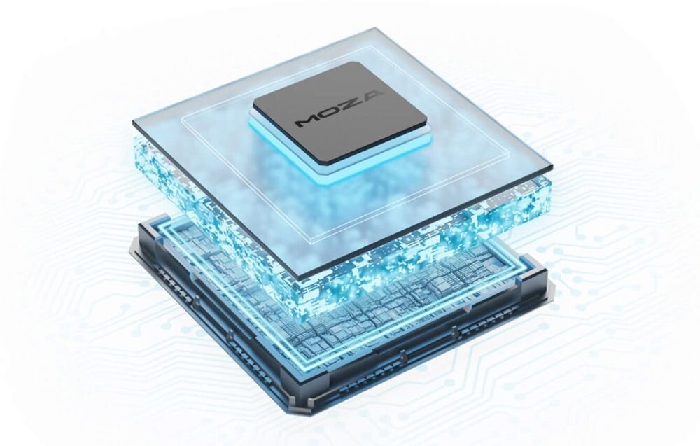 Baza na joystick yoke MOZA Racing AY210 (PC) Wizualizacja procesora MOZA odpowiedzialnego za precyzyjne sterowanie bazą AY210 moment 9 Nm, siła 210 N, turbulencje, realizm lotniczy