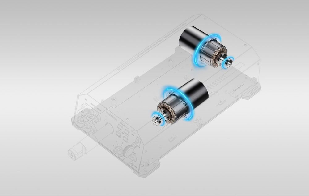 Baza na joystick yoke MOZA Racing AY210 (PC) Schemat techniczny bazy MOZA AY210 z zaznaczonymi dwoma silnikami systemu Force Feedback enkoder magnetyczny, płynna reakcja, procesor 280 MHz, ruch liniowy