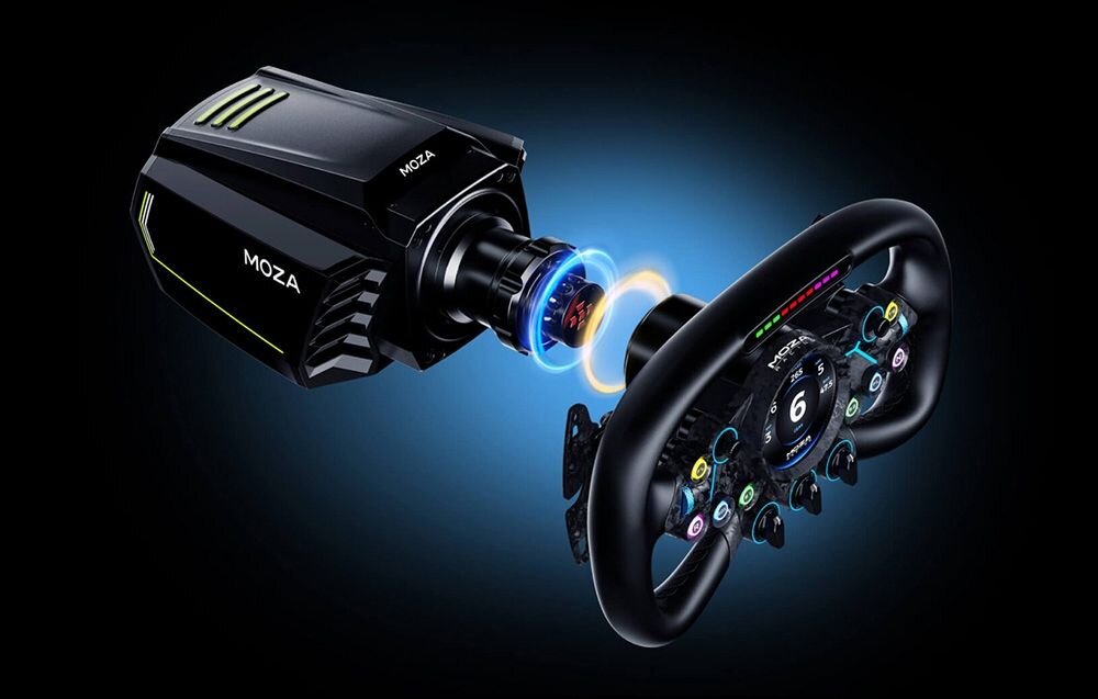 Kierownica MOZA Racing Vision GS RS064 (PC) Kierownica gamingowa Moza łącząca się z bazą na czarno-niebieskim tle procesor przetwarzanie informacji w czasie rzeczywistym szybka reakcja