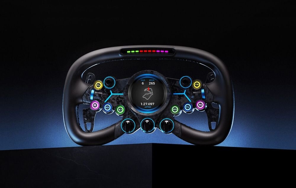 Kierownica MOZA Racing Vision GS RS064 (PC) Kierownica Moza Racing stojąca na czarnej platformie na gradientowym niebieskim tle 8 podświetlanych przycisków RGB szybki czas reakcji krótki skok dwa dodatkowe przyciski górny pasek LED RPM diody 16,7 mln kolorów