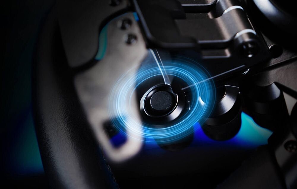 Kierownica MOZA Racing Vision GS RS064 (PC) Zbliżenie na szybkozłączkę kierownicy Moza z grafiką niebieskiego okręgu 72 konfigurowalne wejścia joystick 3 enkodery 2 pokrętła 7-kierunkowy funky switch regulacja milion testów wytrzymałości