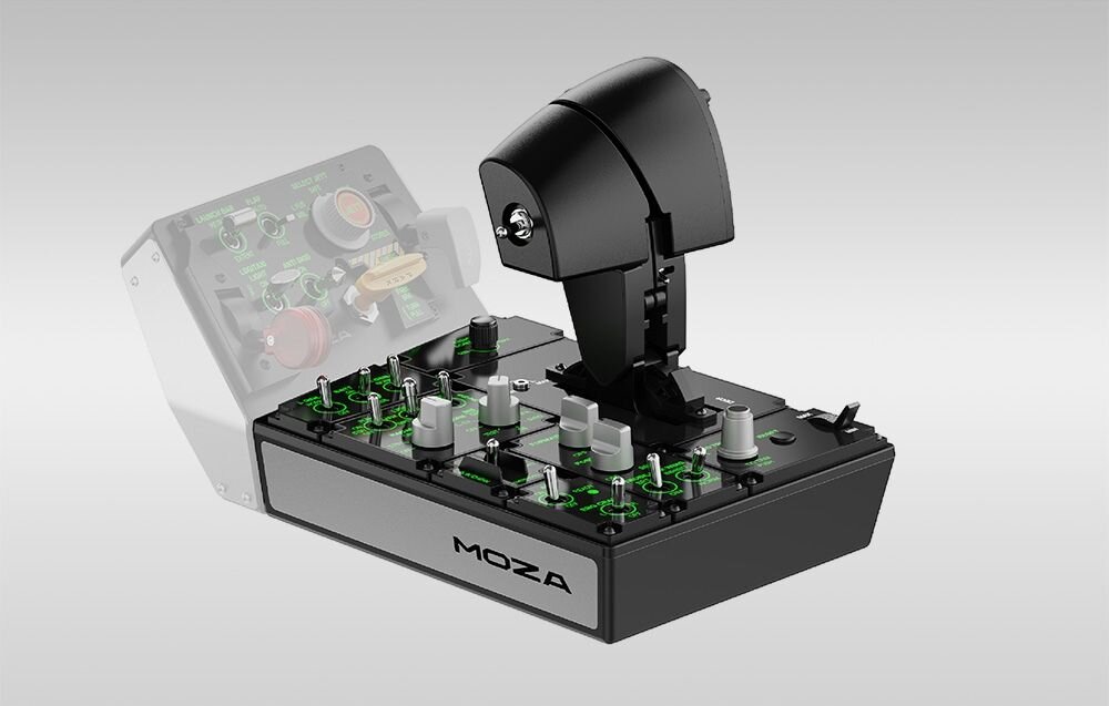 Przepustnica MOZA Racing MTP AS008 Przepustnica Moza Racing w czarnym kolorze na szarym tle inspirowany kokpitami wojskowymi metalowa konstrukcja 27 fizycznych przełączników czujnik Halla 15-bitowy enkoder silniki wibracyjne płynność
