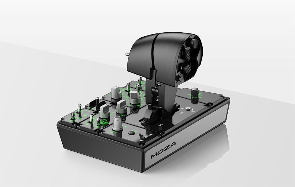 Przepustnica MOZA Racing MTP AS008 Przepustnica Moza Racing odwrócona tyłem do kamery stojąca na szarym stoliku rozmieszczenie oparte na kokpitach samolotów wojskowych odczuwalny realizm wytrzymały stop aluminium solidny chwyt