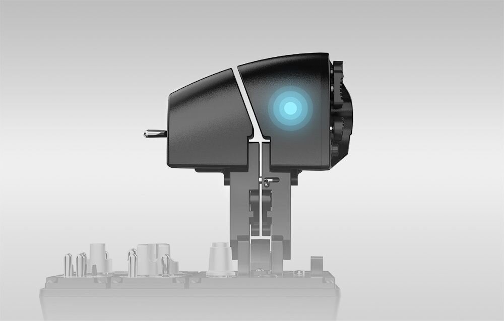 Przepustnica MOZA Racing MTP AS008 Górna część przepustnicy Moza Racing ze świecącym niebieskim punktem na obudowie konfigurowalny system zapadkowy wsparcie kontroli nad manewrami