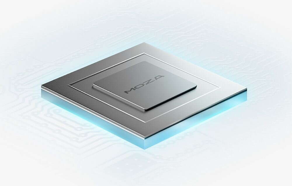 Przepustnica MOZA Racing MTP AS008 Szary chip z napisem Moza na białym tle, pod nim widać niebieskie światlo zintegrowane silniki oprogramowanie Moza Cockpit poczuj to co dzieje się na ekranie