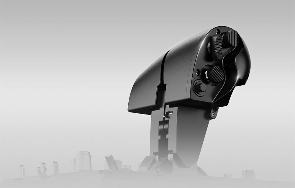 Przepustnica MOZA Racing MTP AS008 Zbliżenie na górną część przepustnicy Moza Racing w czarnym kolorze współpraca z panelem Moza MTLP działanie jak jeden zgrany system