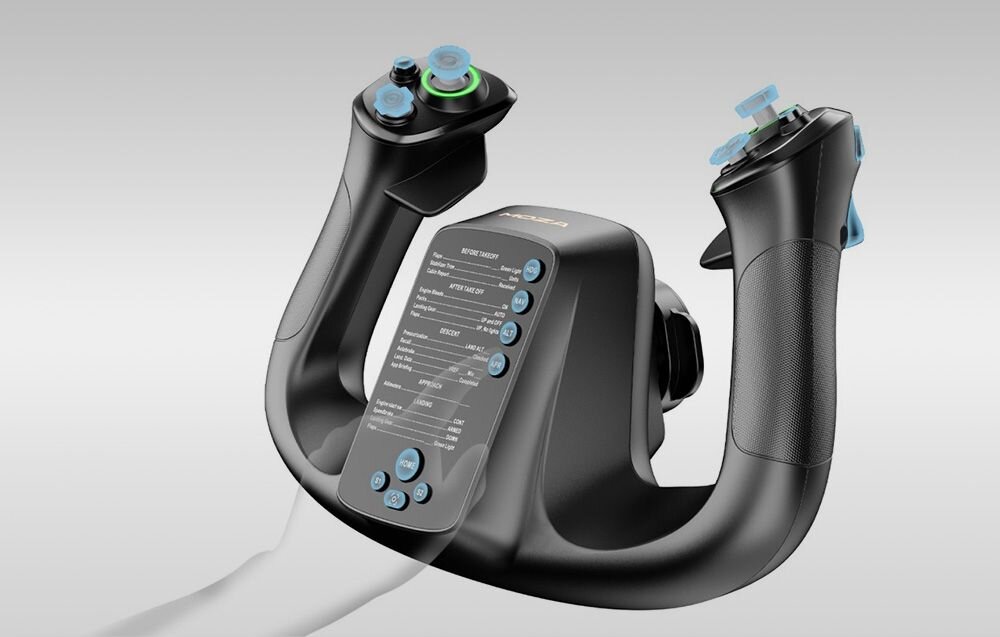 Wolant MOZA Racing MFY Yoke AS012 Czarny wolant MOZA z niebieskimi oznaczeniami na białej powierzchni 34 wejścia MFY Yoke MOZA Cockpit dopasowanie ustawień