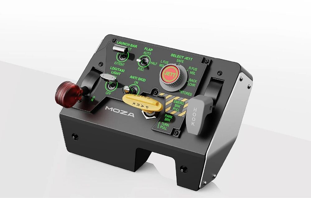 Panel startowania i lądowania MOZA Racing MTLP AS009 PC panel sterowania i lądowania Moza z podświetlanymi opisami i przyciskiem JETT aluminiowe komponenty solidność czujniki Halla płynność ruchów