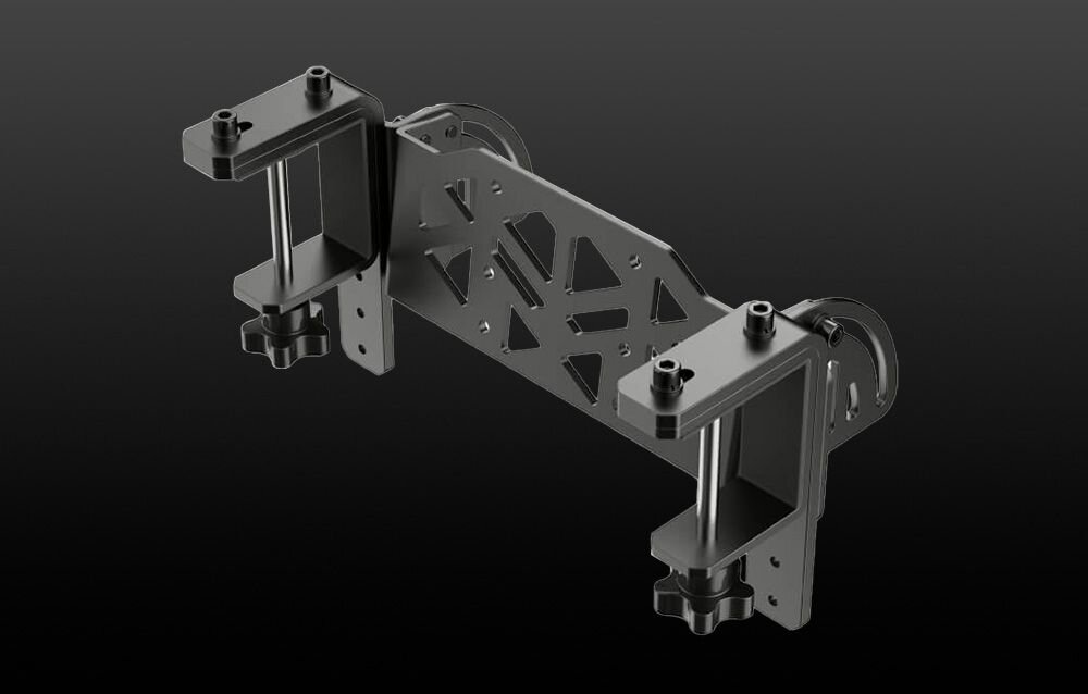 Zacisk do kierownicy do biurka MOZA Racing RS062 Czarne zaciski do kierownicy z widocznymi otworami i śrubami bazy MOZA, kompatybilność, stabilna podstawa, force feedback
