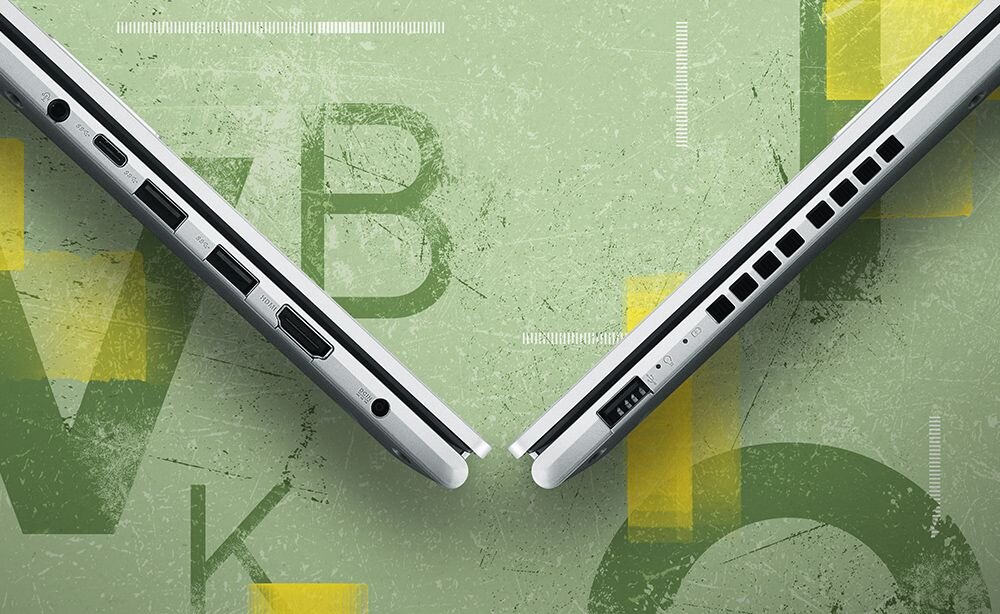 Laptop ASUS VivoBook 15 M1502YA z widocznymi portami USB-C HDMI – Porty i łączność