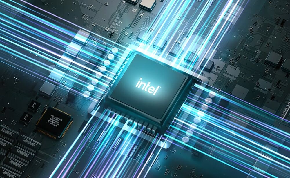 Wizualizacja niebieskiej płyty głównej z procesorem Intel Core otoczonym świetlistymi niebiesko-białymi liniami danych i komponentami elektronicznymi - Procesor Intel Core 