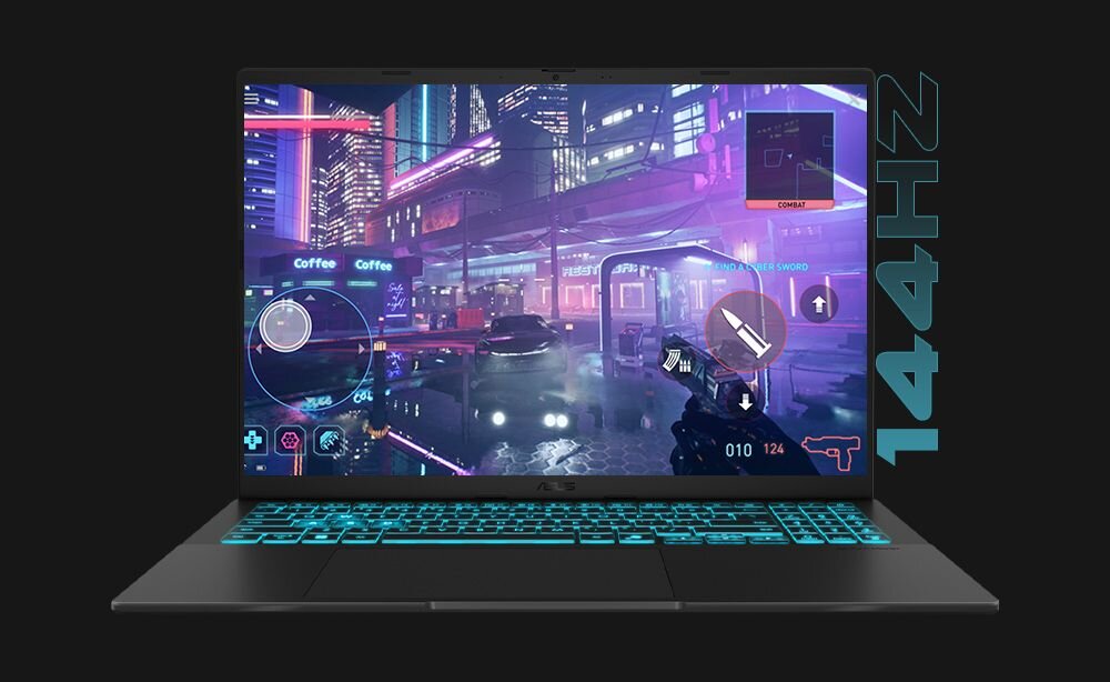 Laptop ASUS V16 z ekranem 144Hz wyświetlającym futurystyczną grę FPS z kolorową grafiką cyberpunk i niebieskim podświetleniem klawiatury - Ekran 16 cali 1920 x 1200 px  