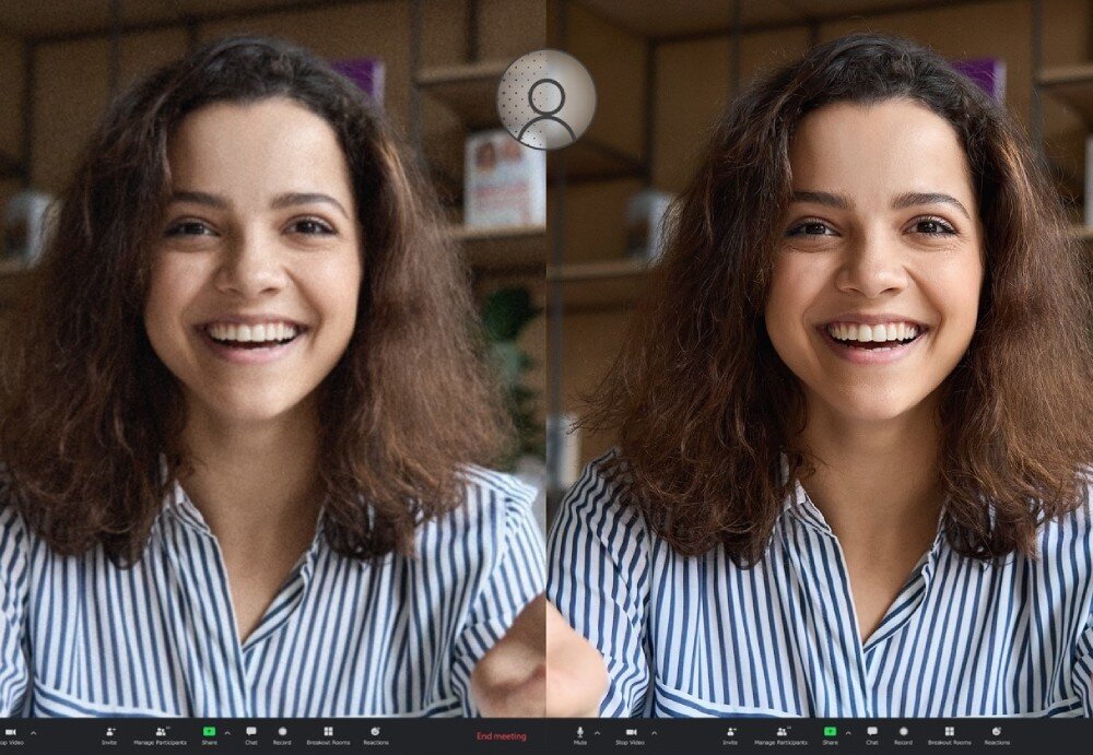  Porównanie dwóch zdjęć tej samej kobiety podczas wideorozmowy, pokazujące różnicę jakości obrazu uzyskaną dzięki technologii ASUS 3D Noise Reduction, kamera internetowa, redukcja szumów