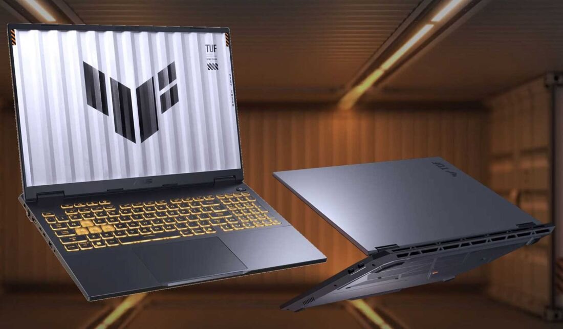 Laptopy gamingowe ASUS TUF Gaming z podświetlaną klawiaturą RGB, wytrzymała obudowa i charakterystyczne logo TUF na tle pomarańczowego kontenera, do gier i pracy mobilnej.  