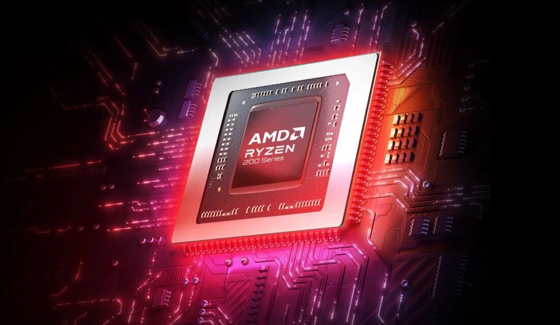 Grafika procesora AMD Ryzen przedstawia podświetlony układ scalony na ciemnej płycie głównej z czerwonymi akcentami – Procesor AMD Ryzen