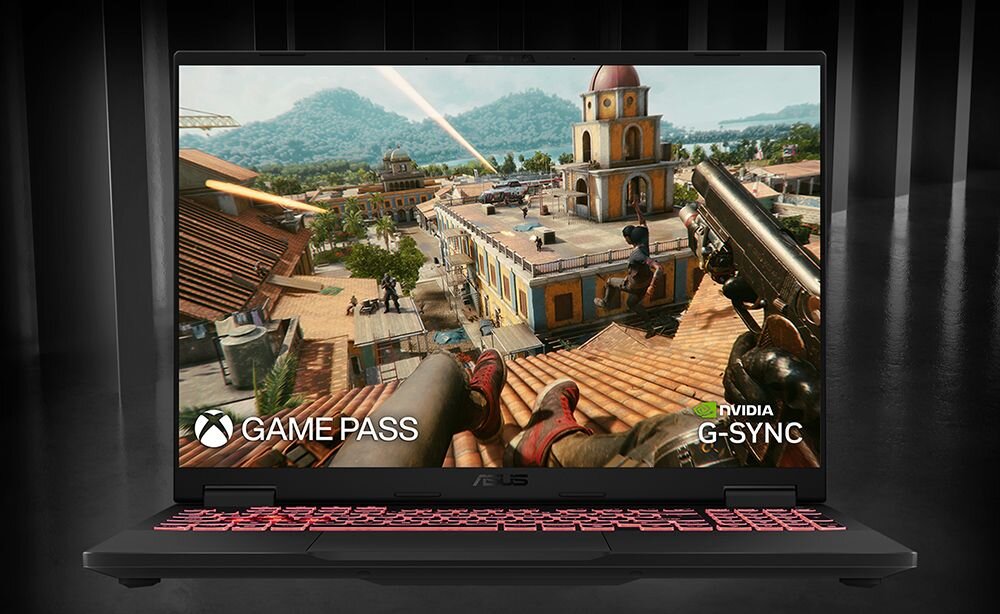 Laptop ASUS TUF Gaming z ekranem obsługującym G‑SYNC wyświetla rozgrywkę z Xbox Game Pass w domowym stanowisku gracza – Ekran IPS 18 cali o rozdzielczości 1920 x 1200 px