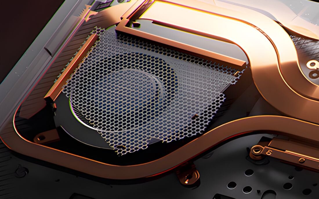 Filtry przeciwkurzowe w laptopie ASUS TUF Gaming widoczne wewnątrz konstrukcji, wspierające długą pracę gamingową – filtry na otworach wentylacyjnych zatrzymujące kurz przed radiatorami bez konieczności rozkręcania obudowy