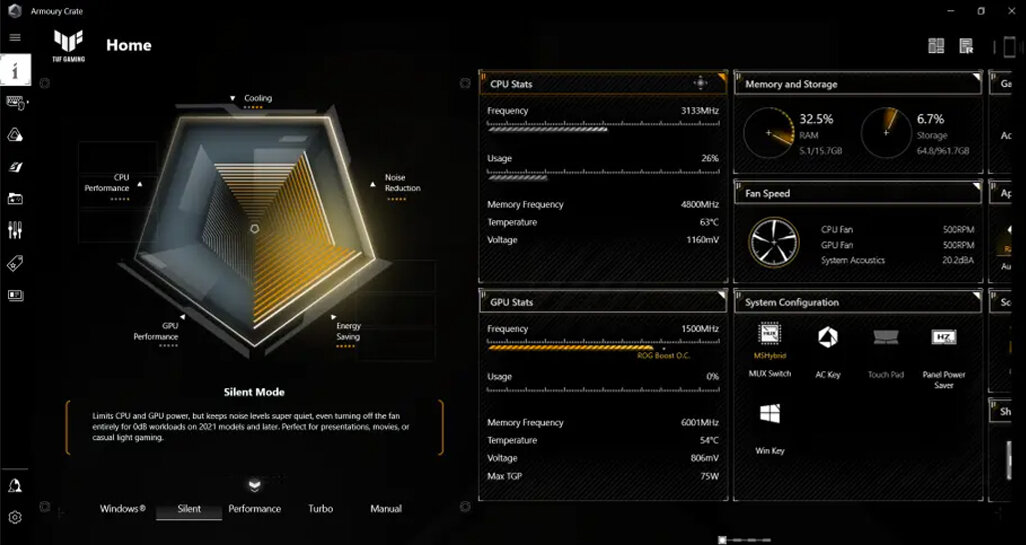 Otwarty laptop ASUS TUF Gaming prezentuje surowy design ekranu i obudowy, podkreślając militarny charakter serii – Armoury Crate z trybami wentylatorów automatycznym wykrywaniem gier profilami i synchronizacją RGB Aura Sync