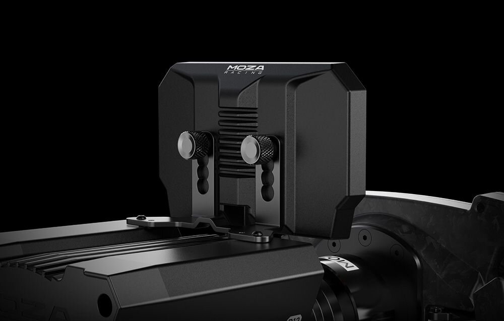 Wyświetlacz MOZA Racing CM2 RS072 Tył wyświetlacza Moza Racing zamontowanego na kierownicy gamingowej na czarnym tle 10 jasnych diod RGB reakcja na parametry pojazdu 6 diod flagowych 16,7 miliona kolorów szybkość reakcji