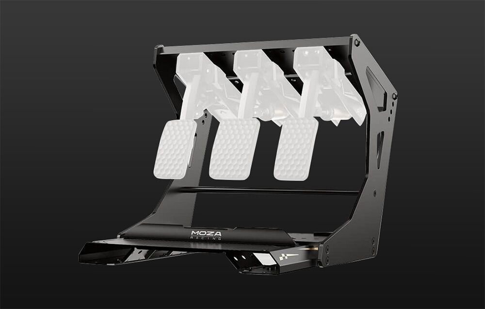 Mocowanie odwrotne pedałów MOZA Racing CRP2 RS075 Mocowanie odwrotne pedałów CRP2 lekko odwrócone bokiem do kamery przekształcenie pedałów w konfigurację odwrotną charakter prawdziwej jazdy