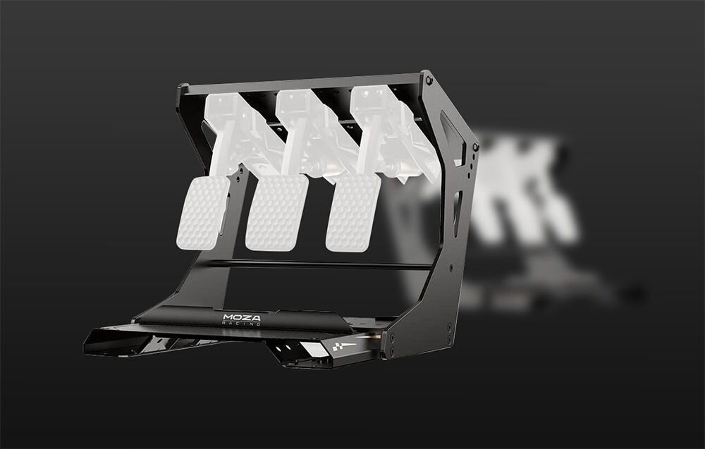 Mocowanie odwrotne pedałów MOZA Racing CRP2 RS075 Dwa modele mocowania odwrotnego pedałów CRP2 na szarym tle regulacja kąta nachylenia szerokości rozstawu pedałów dopasowanie układu