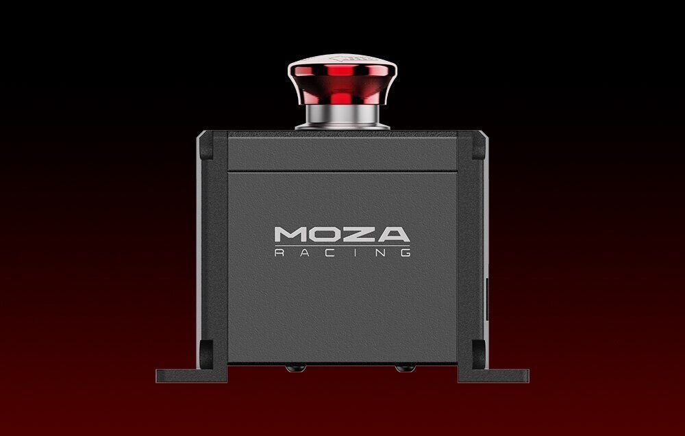 Awaryjny wyłącznik zasilania Moza Racing E-Stop RS063 wyłącznik na czerwonym tle z gradientem stop aluminium odporność na zużycie ekosystem Moza standardy porty obsługa