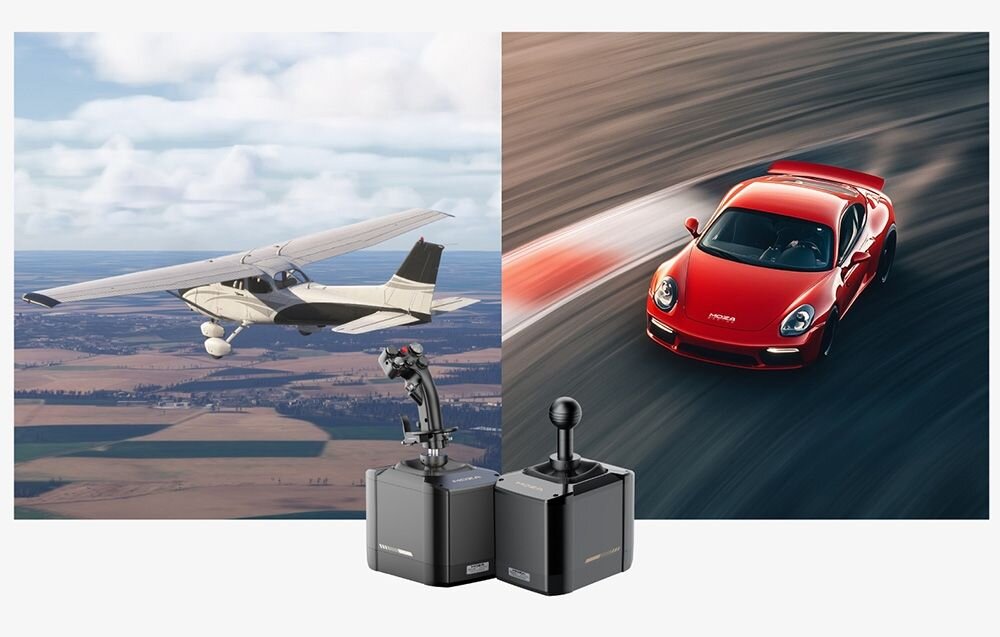 Wymienne drążki MOZA Racing RS079 Widok na 2 grafiki - jedna przedstawia samolot w locie; a druga auto podczas jazdy; miedzy nimi wymienne drążki Moza.