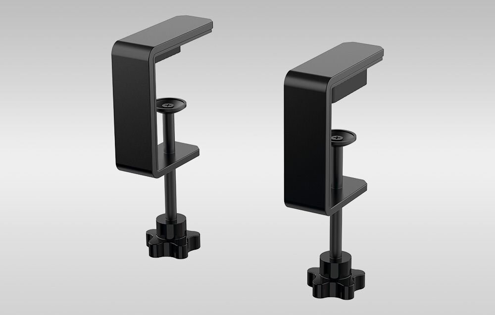 Zaciski do biurka do bazy AY210 MOZA Racing AS013 Dwa czarne zaciski na biurku na białym tle stabilne osadzenie