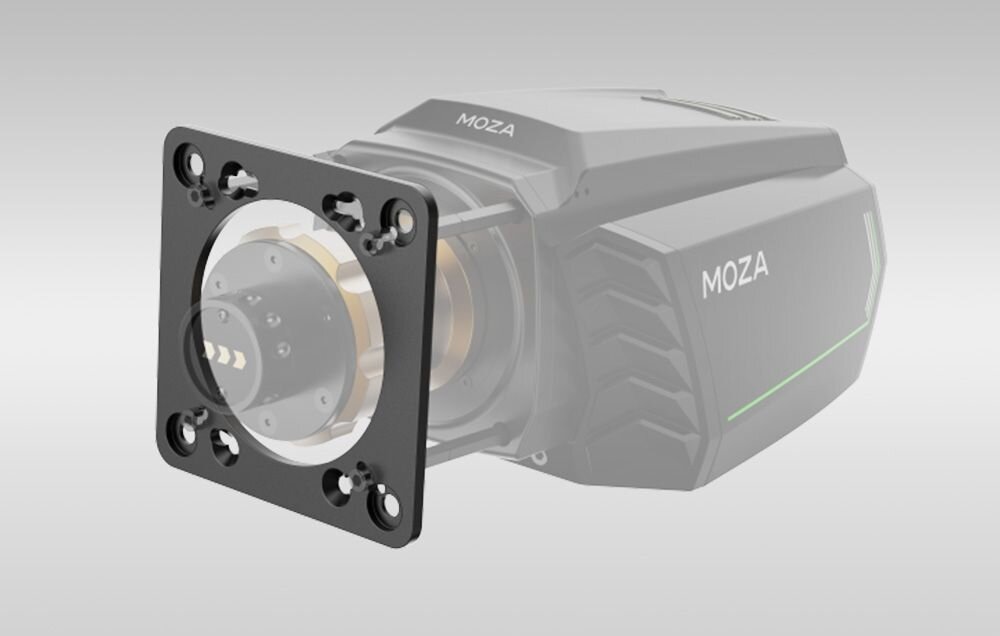 Zestaw do montażu manetek RS065 MOZA Racing RS077 Płyta montażowa zestawu MOZA Racing RS077 zamontowana na bazie, widoczne porty; obudowa bazy w tle na szarym tle.