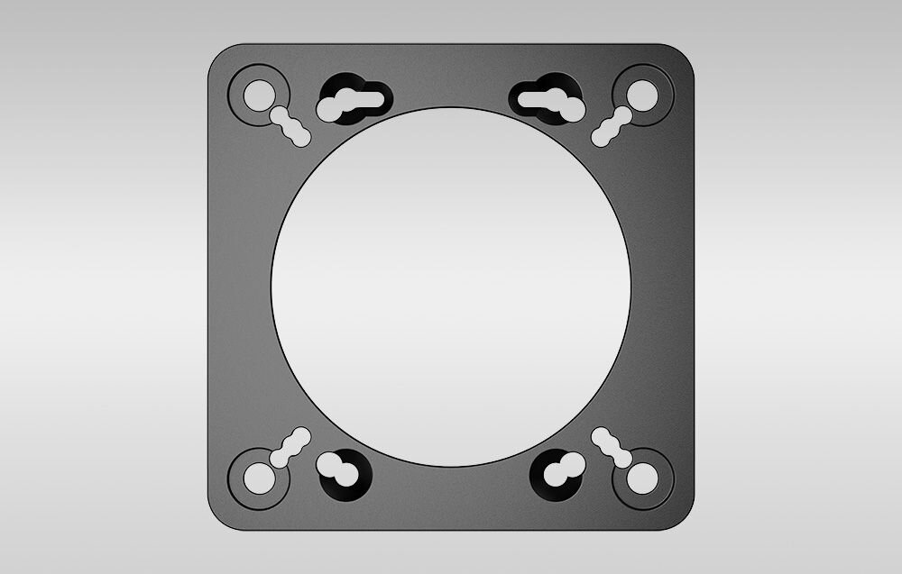 Zestaw do montażu manetek RS065 MOZA Racing RS077 Widok od przodu na płytę montażową MOZA Racing RS077, pokazujący centralny otwór i symetryczny układ otworów montażowych kompatybilność bazy podłączenie manetek